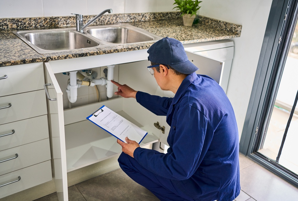 A professional inspection of residential plumbing pipes under a sink to identify hidden leaks and maintain proper water pressure.