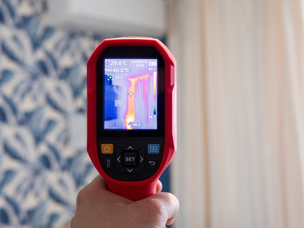 A plumber uses a thermal imaging camera to detect moisture from a hidden pipe leak behind a residential wall.